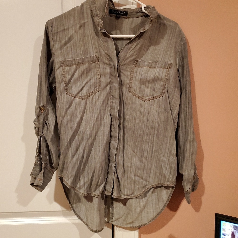 Denim button up, tail coat back blouse